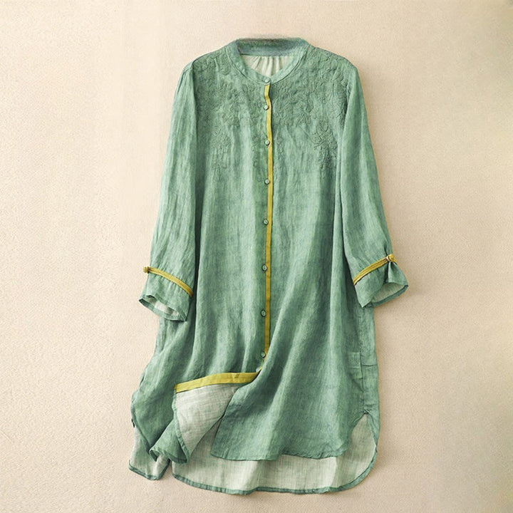 Robe midi d'été décontractée à manches trois-quarts, ornée de broderies et de Buddha Stones, col montant. - Vert mer moyen - US8-10，UK/AU12-14，EU40-42 (2XL) - image 0