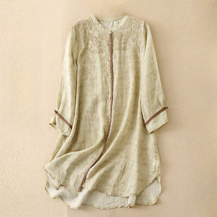 Robe midi d'été décontractée à manches trois-quarts, ornée de broderies et de Buddha Stones, col montant. - LemonChiffon - US8-10，UK/AU12-14，EU40-42 (2XL) - image 7