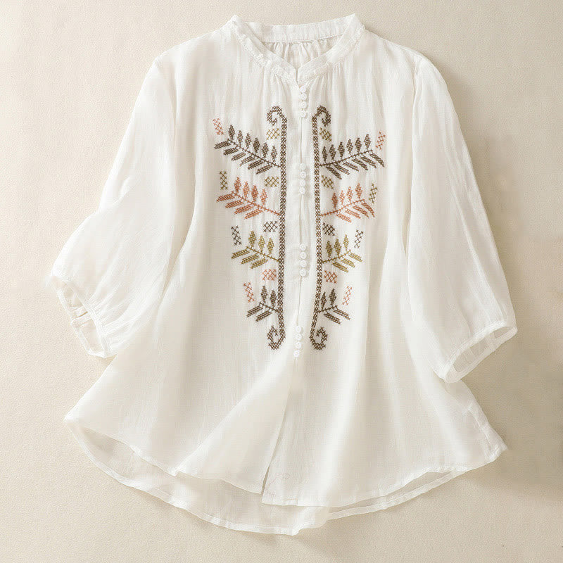 Chemise à manches trois-quarts pour femme, ornée d'une broderie artistique décontractée à motif de feuilles et de Buddha Stones - Blanc - US8-10，UK/AU12-14，EU40-42 (2XL) - image 14