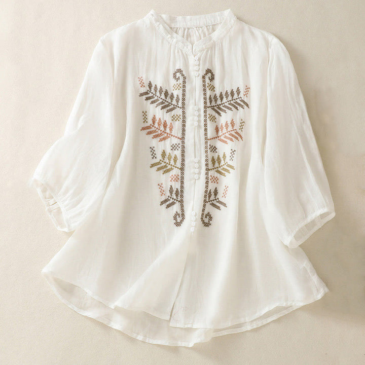 Chemise à manches trois-quarts pour femme, ornée d'une broderie artistique décontractée à motif de feuilles et de Buddha Stones - Blanc - US8-10，UK/AU12-14，EU40-42 (2XL) - image 14