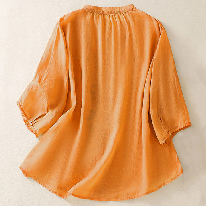 Chemise à manches trois-quarts pour femme, ornée d'une broderie artistique décontractée à motif de feuilles et de Buddha Stones - image 1