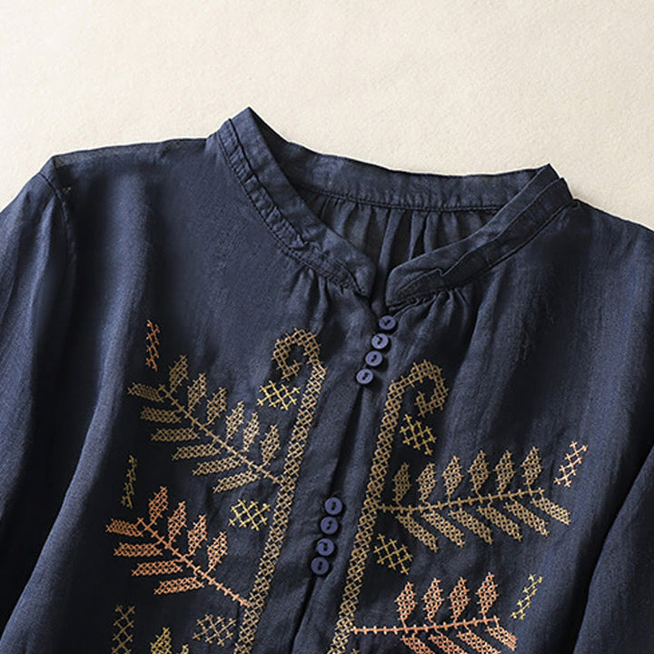 Chemise à manches trois-quarts pour femme, ornée d'une broderie artistique décontractée à motif de feuilles et de Buddha Stones - image 9