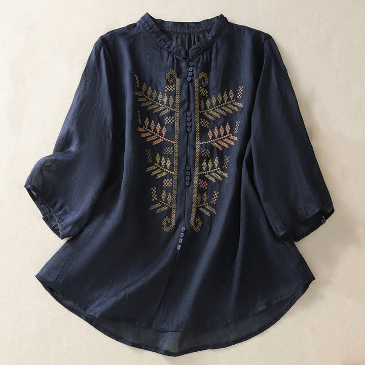Chemise à manches trois-quarts pour femme, ornée d'une broderie artistique décontractée à motif de feuilles et de Buddha Stones - Bleu nuit - US8-10，UK/AU12-14，EU40-42 (2XL) - image 8