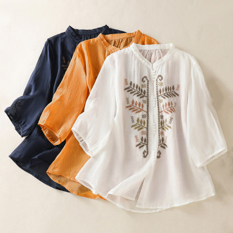 Chemise à manches trois-quarts pour femme, ornée d'une broderie artistique décontractée à motif de feuilles et de Buddha Stones - image 22