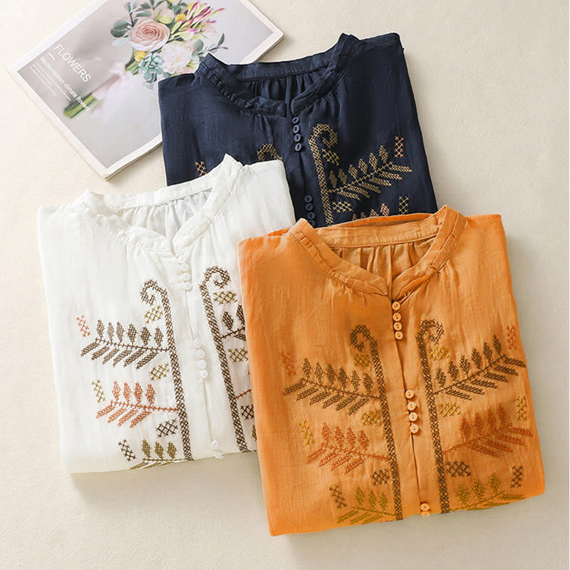 Chemise à manches trois-quarts pour femme, ornée d'une broderie artistique décontractée à motif de feuilles et de Buddha Stones - image 23
