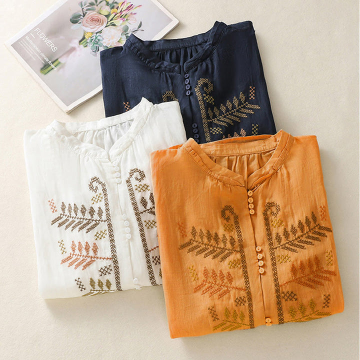 Chemise à manches trois-quarts pour femme, ornée d'une broderie artistique décontractée à motif de feuilles et de Buddha Stones - image 23