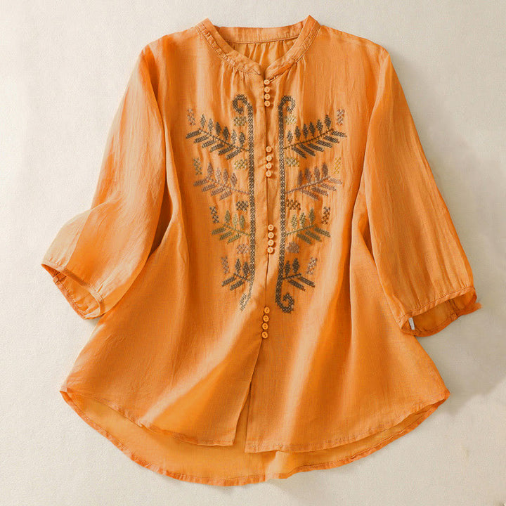Chemise à manches trois-quarts pour femme, ornée d'une broderie artistique décontractée à motif de feuilles et de Buddha Stones - Orange - US8-10，UK/AU12-14，EU40-42 (2XL) - image 0