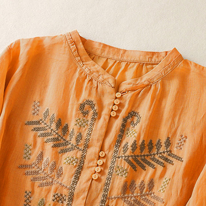 Chemise à manches trois-quarts pour femme, ornée d'une broderie artistique décontractée à motif de feuilles et de Buddha Stones - image 2