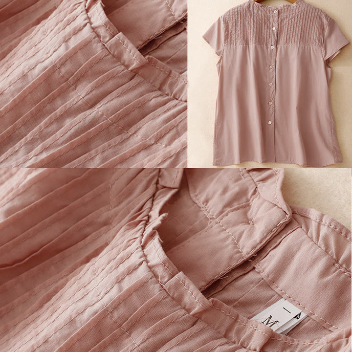 Chemise à manches courtes pour femme, motif plissé à volants, couleur unie, motif Buddha Stones, été - image 4