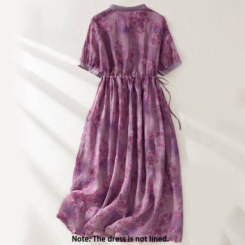 Robe midi à manches courtes, taille haute, imprimé de Buddha Stones, boutons et cordon de serrage, avec poches - image 21