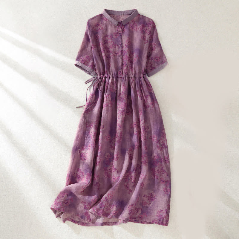 Robe midi à manches courtes, taille haute, imprimé de Buddha Stones, boutons et cordon de serrage, avec poches - Rouge violet pâle - US8-10，UK/AU12-14，EU40-42 (2XL) - image 20
