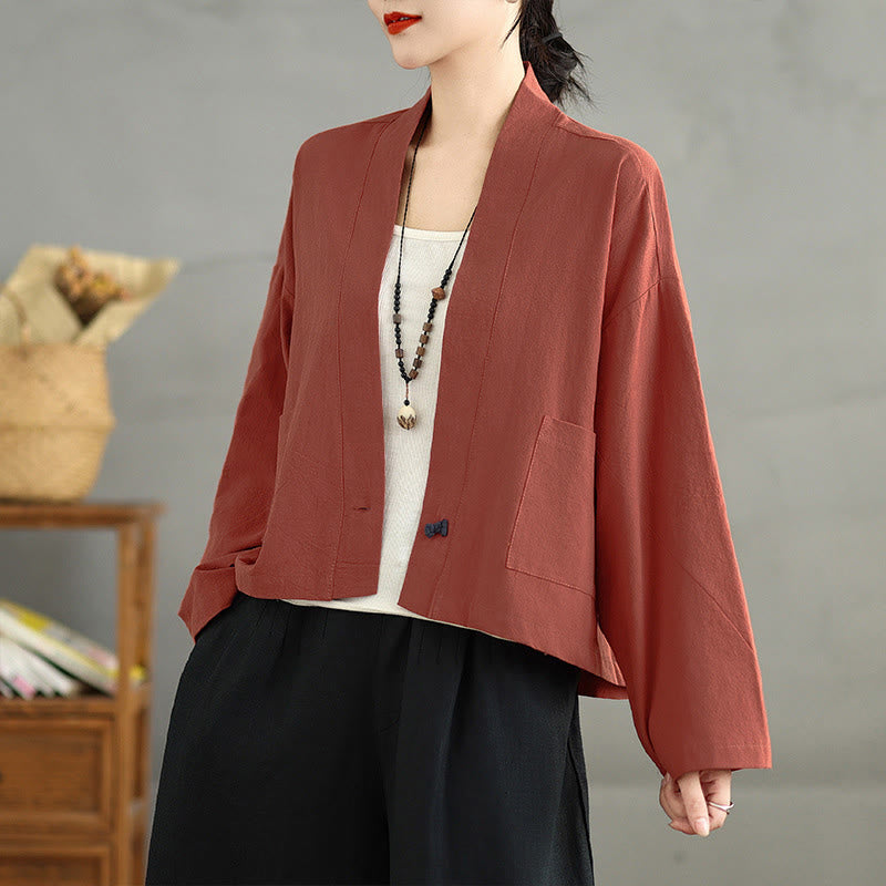 Veste décontractée vintage unie à manches longues et poches, Buddha Stones - OrangeRouge - US14，UK/AU18，EU46 (2XL) - image 8