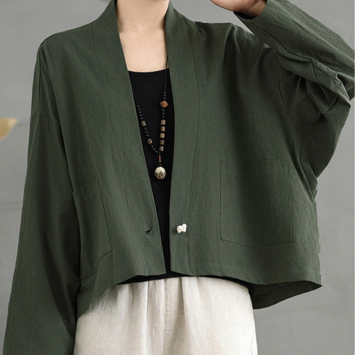 Veste courte décontractée vintage à manches longues, ouverte sur le devant et dotée de poches , de la Buddha Stones - Vert olive foncé - US12，UK/AU16，EU44 (2XL) - image 14