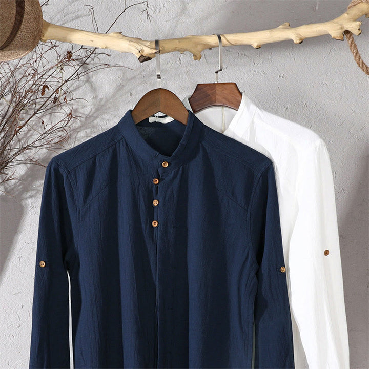 Chemise à manches longues pour homme, coupe ajustée, col montant, col rond, en coton et lin, motif Buddha Stones - image 13