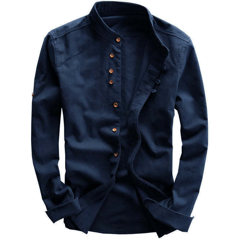 Chemise à manches longues pour homme, coupe ajustée, col montant, col rond, en coton et lin, motif Buddha Stones - image 1