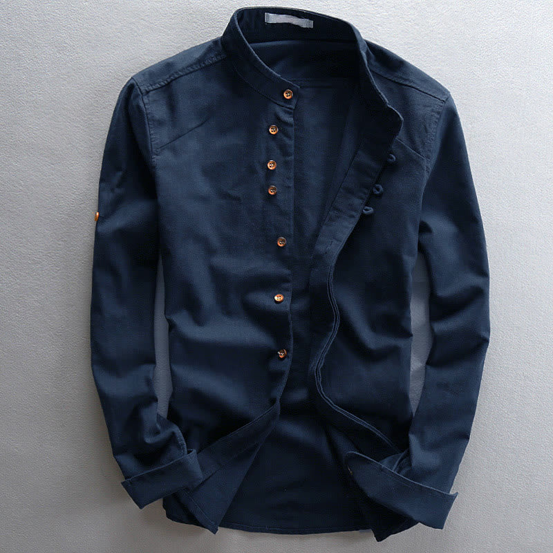 Chemise en coton et lin à manches longues, coupe ajustée, col montant et col rond, motif Buddha Stones pour homme - Bleu nuit - US/UK/AU48，EU58 (7XL) - image 0