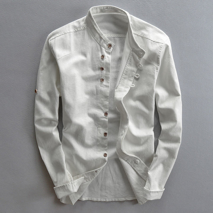 Chemise en coton et lin à manches longues, coupe ajustée, col montant et col rond, motif Buddha Stones pour homme - Blanc - US/UK/AU48，EU58 (7XL) - image 3