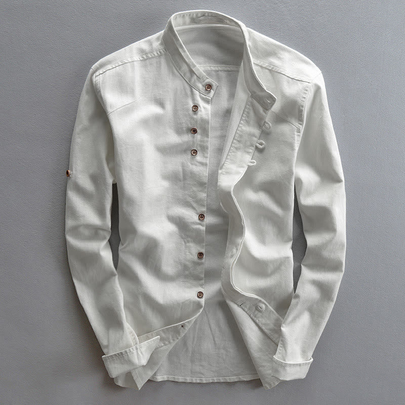 Chemise à manches longues pour homme, coupe ajustée, col montant, col rond, en coton et lin, motif Buddha Stones - Blanc - US/UK/AU48，EU58 (7XL) - image 3