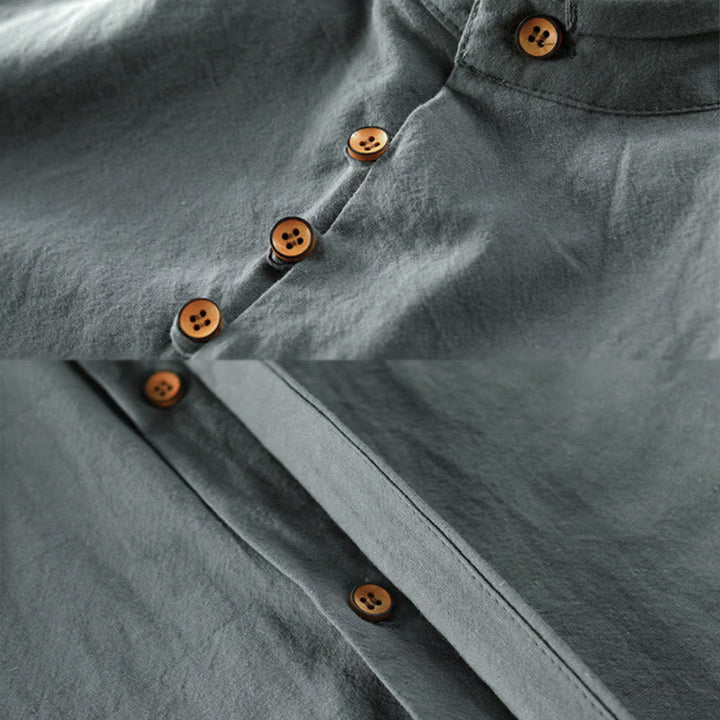 Chemise en coton et lin à manches longues, coupe ajustée, col montant et col rond, motif Buddha Stones pour homme - image 11
