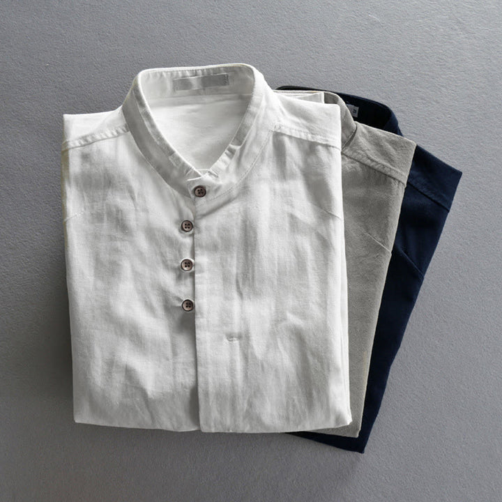 Chemise en coton et lin à manches longues, coupe ajustée, col montant et col rond, motif Buddha Stones pour homme - image 14