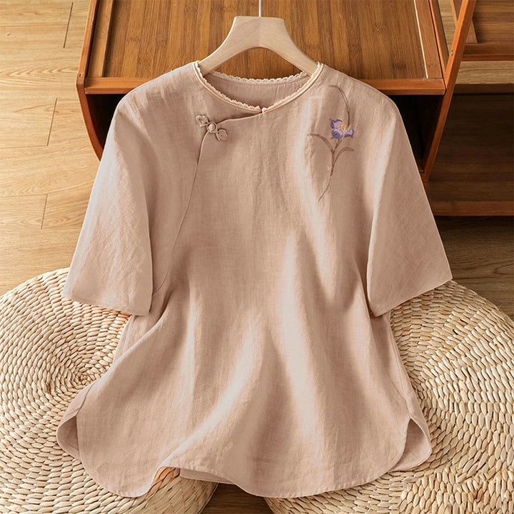 Buddha Stones Chemises à manches courtes pour femmes, style Tang, broderie vintage, bouton grenouille, motif floral, style été - Bisque - US8-10, UK/AU12-14, EU40-42 (2XL) - image 0