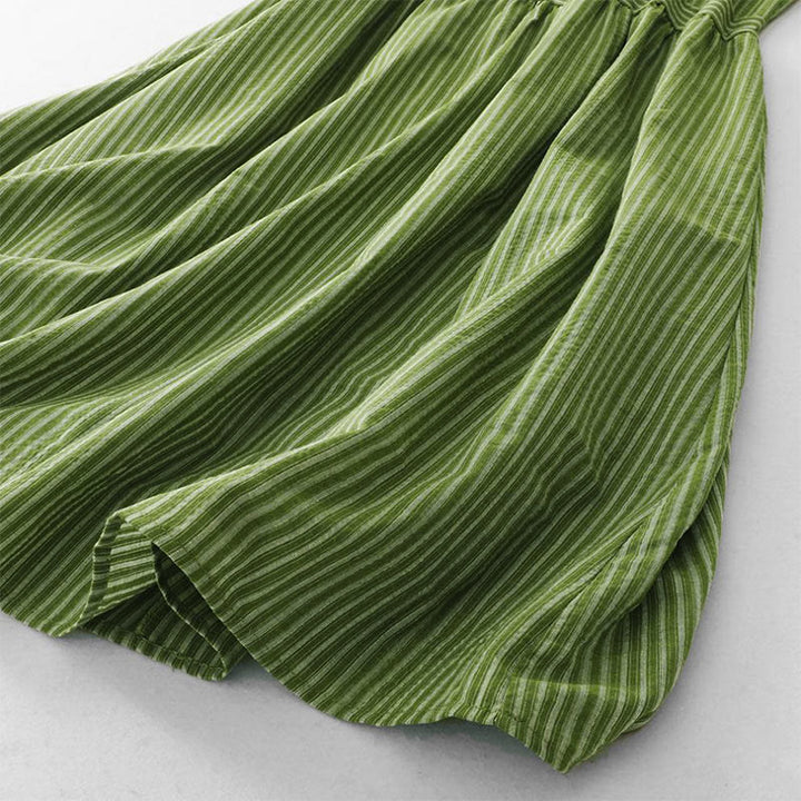 Buddha Stones Robe d'été élégante et décontractée à rayures vertes et col rond pour femme, sans manches - image 8
