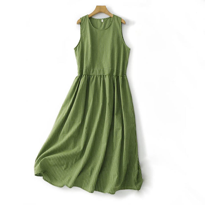 Buddha Stones Robe d'été élégante et décontractée à rayures vertes et col rond pour femme, sans manches - Vert foncé - US12, UK/AU16, EU44 (2XL) - image 0