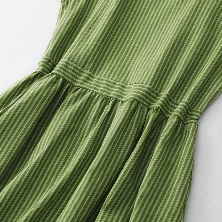 Buddha Stones Robe d'été élégante et décontractée à rayures vertes et col rond pour femme, sans manches - image 6