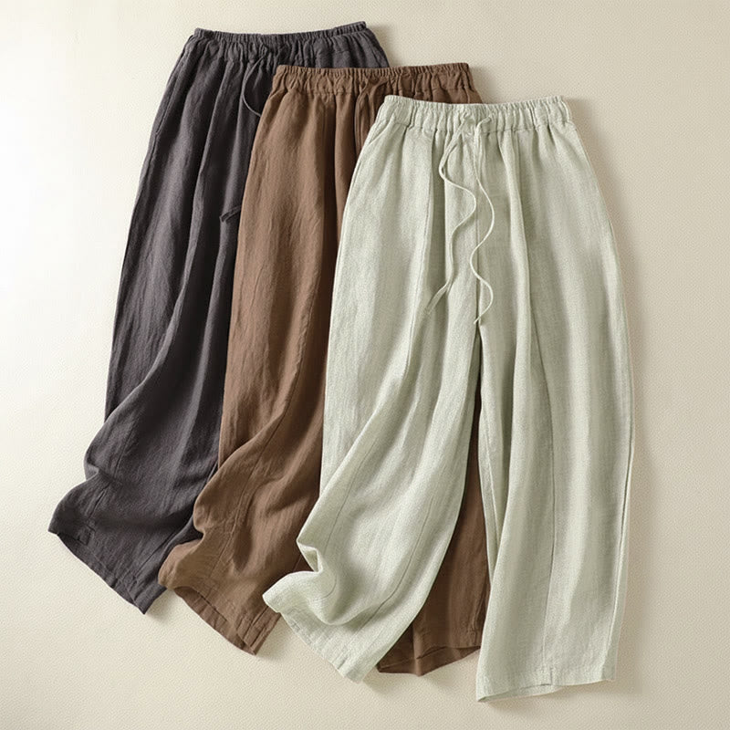 Buddha Stones Pantalon d'été décontracté en lin uni à cordon de serrage et jambes larges avec poches, longueur cheville. - image 22