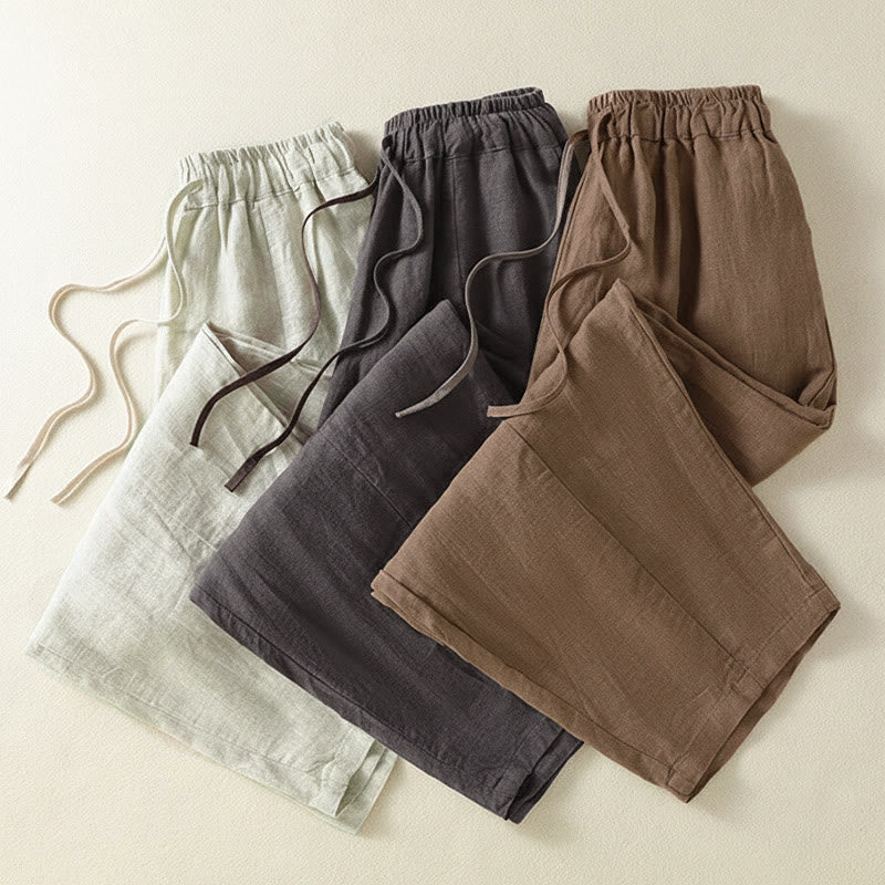 Buddha Stones Pantalon d'été décontracté en lin uni à cordon de serrage et jambes larges avec poches, longueur cheville. - image 23