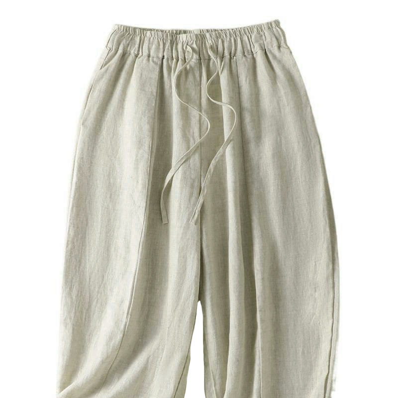 Buddha Stones Pantalon d'été décontracté en lin uni à cordon de serrage et jambes larges avec poches, longueur cheville. - image 8