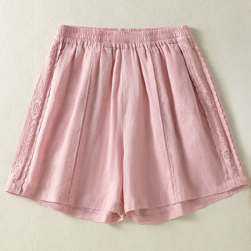 Buddha Stones Short d'été bohème décontracté pour femme, uni, avec dentelle décorative sur les côtés et poches - Rose clair - US8-10, UK/AU12-14, EU40-42 (2XL) - image 15