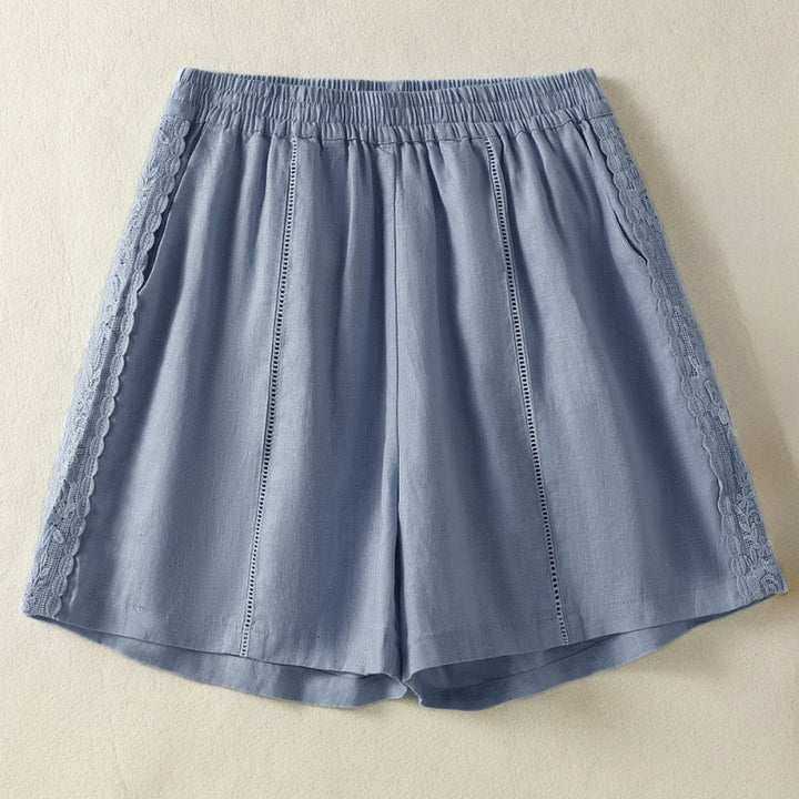 Buddha Stones Short d'été bohème décontracté pour femme, uni, avec dentelle décorative sur les côtés et poches - Bleu acier clair - US8-10, UK/AU12-14, EU40-42 (2XL) - image 0