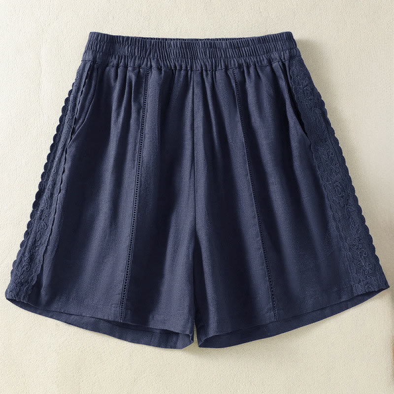 Buddha Stones Short d'été bohème décontracté pour femme, uni, avec dentelle décorative sur les côtés et poches - Bleu nuit - US8-10, UK/AU12-14, EU40-42 (2XL) - image 10
