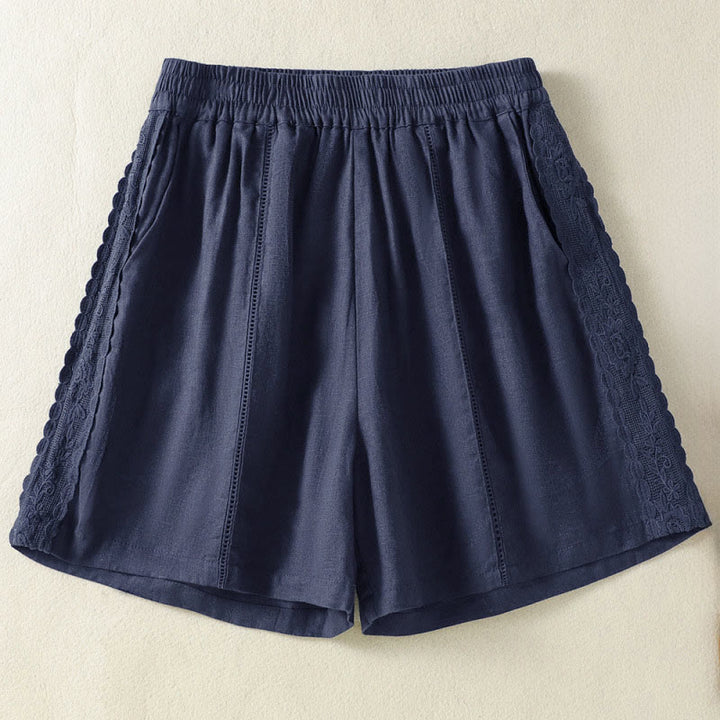 Buddha Stones Short d'été bohème décontracté pour femme, uni, avec dentelle décorative sur les côtés et poches - Bleu nuit - US8-10, UK/AU12-14, EU40-42 (2XL) - image 10