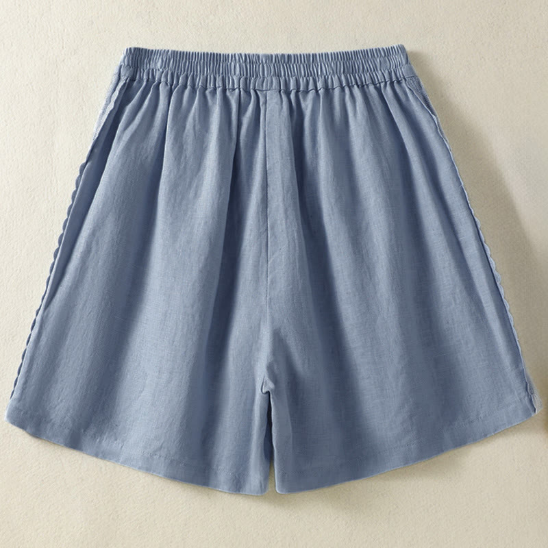 Buddha Stones Short d'été bohème décontracté pour femme, uni, avec dentelle décorative sur les côtés et poches - image 1