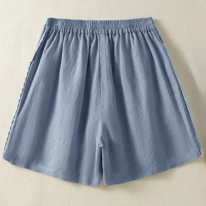 Buddha Stones Short d'été bohème décontracté pour femme, uni, avec dentelle décorative sur les côtés et poches - image 1