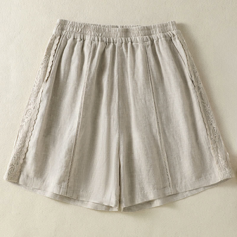 Buddha Stones Short d'été bohème décontracté pour femme, uni, avec dentelle décorative sur les côtés et poches - Lin - US8-10, UK/AU12-14, EU40-42 (2XL) - image 21