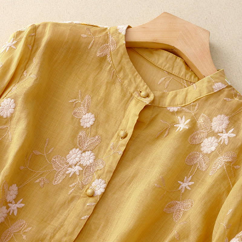 Chemise à manches courtes et col rond pour femme, ornée de pétales brodés et de Buddha Stones - image 8