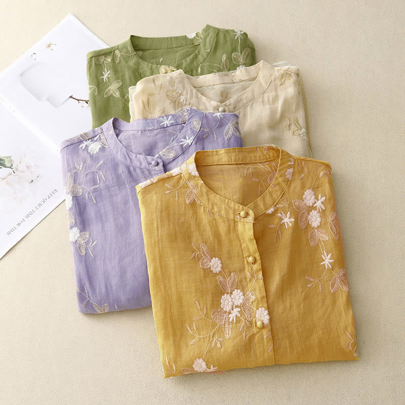 Chemise à manches courtes et col rond pour femme, ornée de pétales brodés et de Buddha Stones - image 17