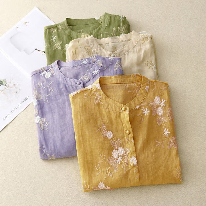 Chemise à manches courtes et col rond pour femme, ornée de pétales brodés et de Buddha Stones - image 17