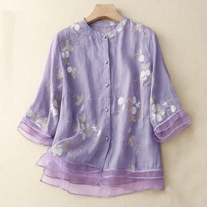 Chemise à manches courtes et col rond pour femme, ornée de pétales brodés et de Buddha Stones - Prune - US8-10，UK/AU12-14，EU40-42 (2XL) - image 0