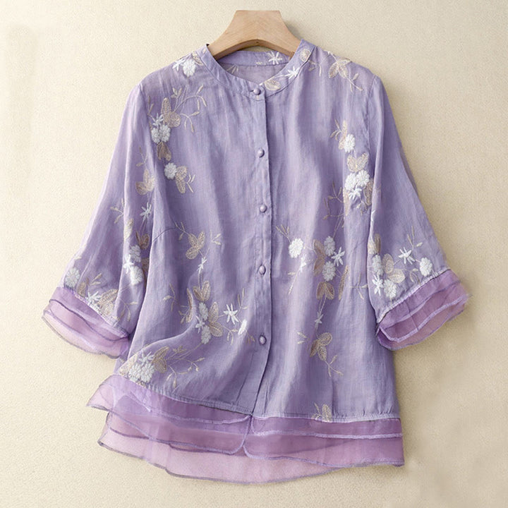 Chemise à manches courtes et col rond pour femme, ornée de pétales brodés et de Buddha Stones - Prune - US8-10，UK/AU12-14，EU40-42 (2XL) - image 0