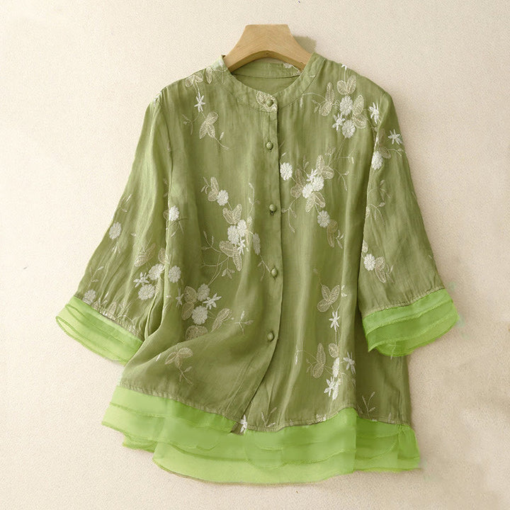 Chemise à manches courtes et col rond pour femme, ornée de pétales brodés et de Buddha Stones - Vert clair - US8-10，UK/AU12-14，EU40-42 (2XL) - image 12