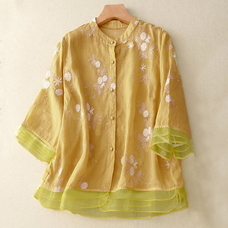 Chemise à manches courtes et col rond pour femme, ornée de pétales brodés et de Buddha Stones - Kaki - US8-10，UK/AU12-14，EU40-42 (2XL) - image 7