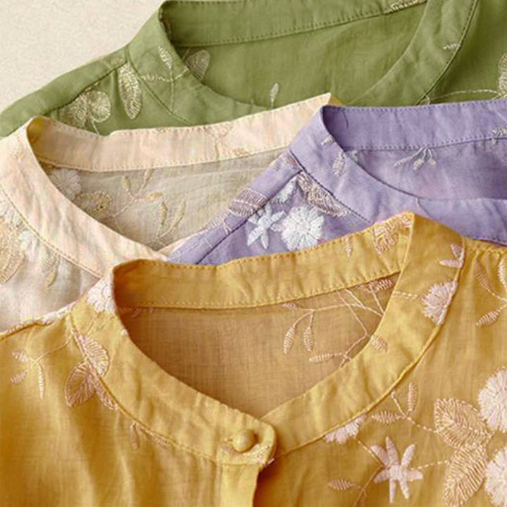 Chemise à manches courtes et col rond pour femme, ornée de pétales brodés et de Buddha Stones - image 18