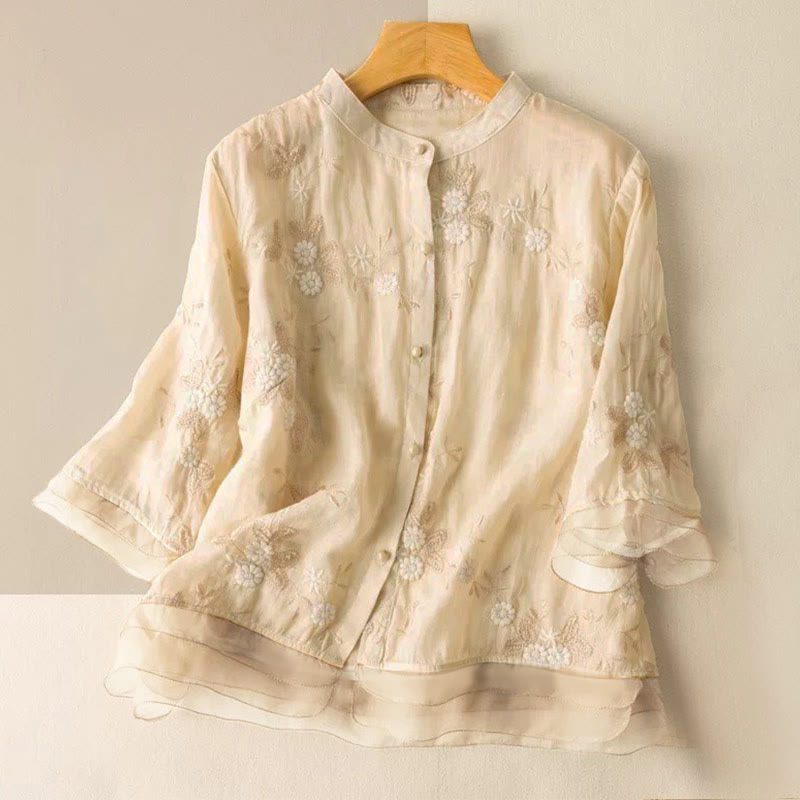 Chemise à manches courtes et col rond pour femme, ornée de pétales brodés et de Buddha Stones - Jaune clair - US8-10，UK/AU12-14，EU40-42 (2XL) - image 3