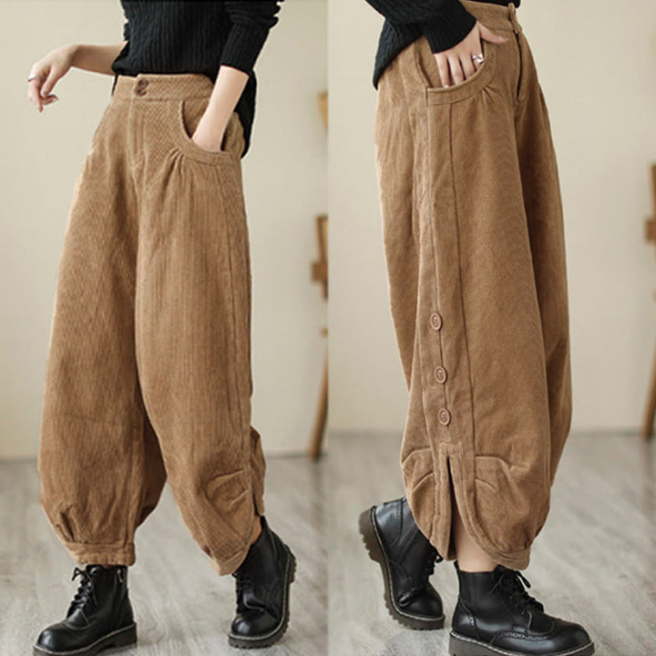 Pantalon en velours côtelé pour femme avec poches et boutons décontractés, orné de Buddha Stones - image 3