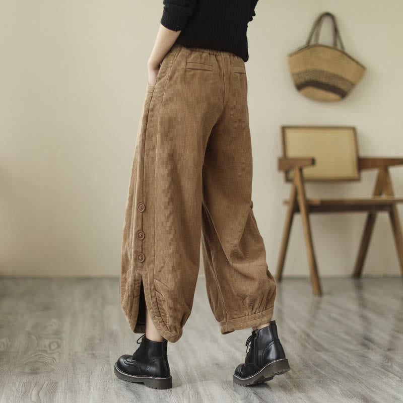 Pantalon en velours côtelé pour femme avec poches et boutons décontractés, orné de Buddha Stones - image 2
