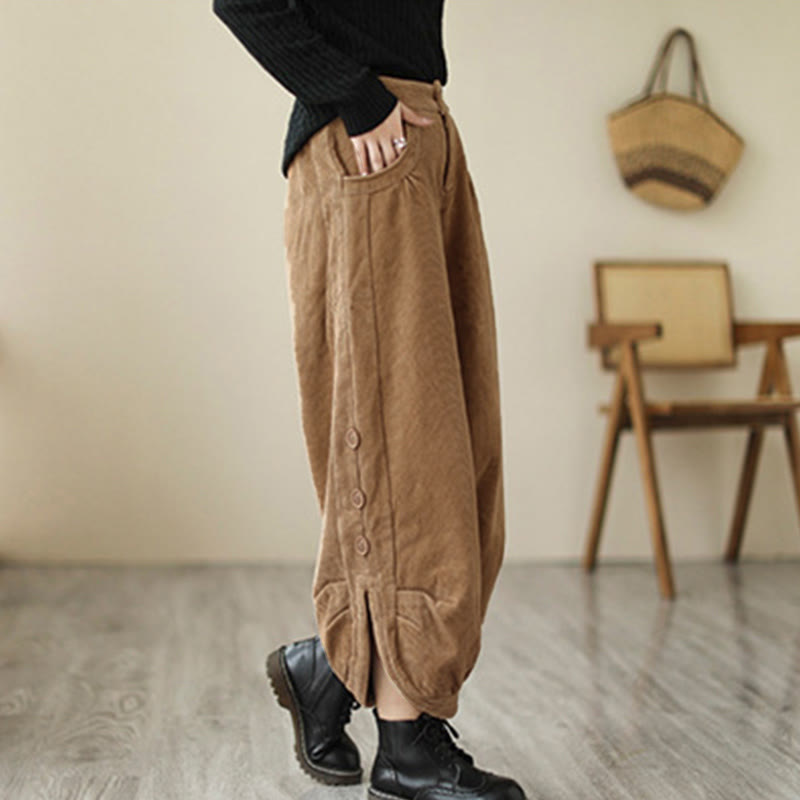 Pantalon en velours côtelé pour femme avec poches et boutons décontractés, orné de Buddha Stones - image 1